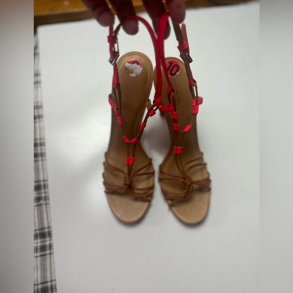 ‼️CLEARANCE!!! Couch Tan Strappy Neon Orange Strap Lana Leather Skinny Heel 10‼️ - Picture 7 of 16